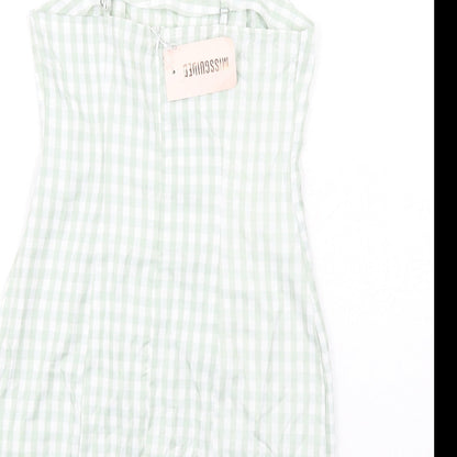 Missguided Womens Green Check Cotton Mini Size 8 Square Neck Zip