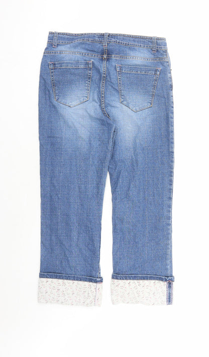 Opal Stone Womens Blue Cotton Tapered Jeans Size 10 L25 in Regular Zip - Flower Detail On Hem