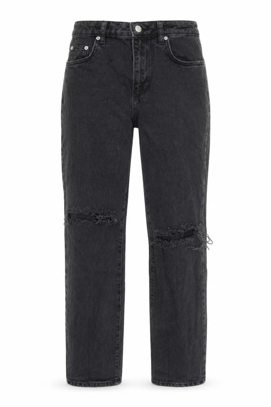 Front view of NA-KD women’s black polyester straight jeans, size UK 26, in, 30-inch leg regular zip