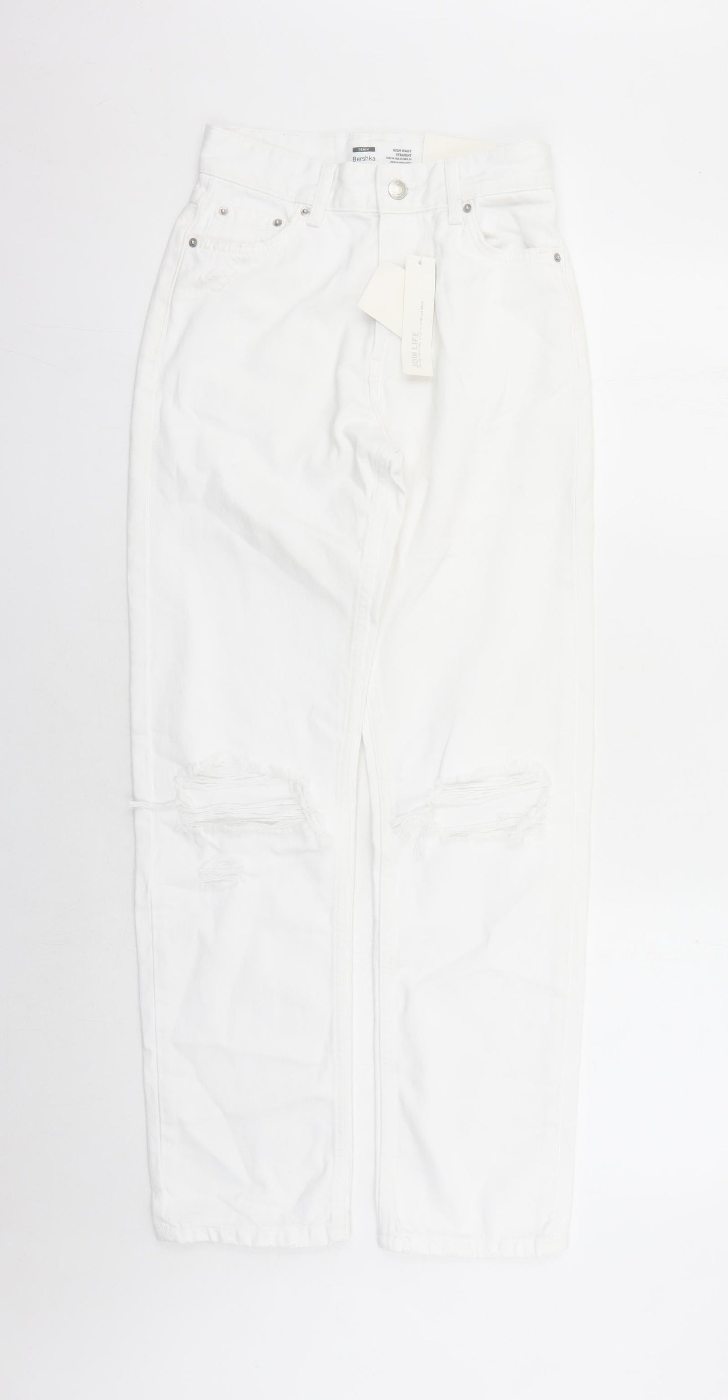 Bershka Womens White Cotton Straight Jeans Size 26 in L29 in Regular Zip