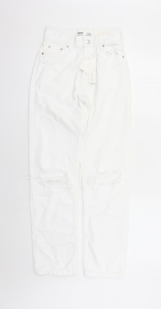 Bershka Womens White Cotton Straight Jeans Size 26 in L29 in Regular Zip