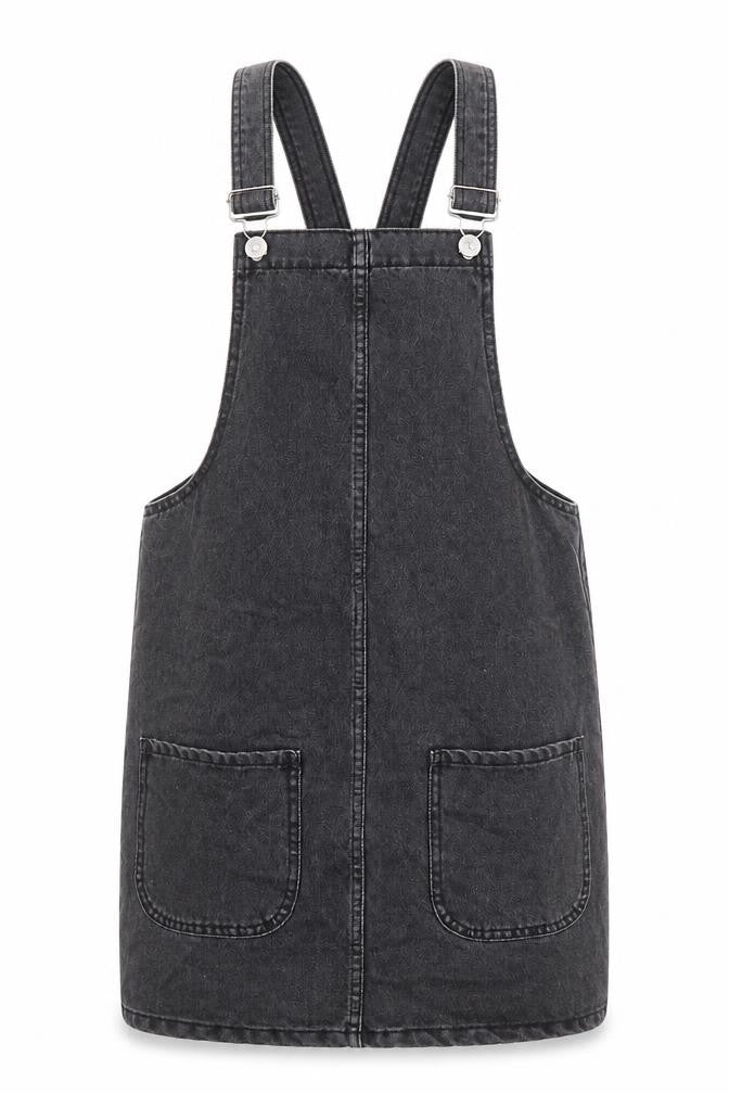 Denim & Co. Womens Black Cotton Pinafore/Dungaree Dress Size 6 Square Neck Button
