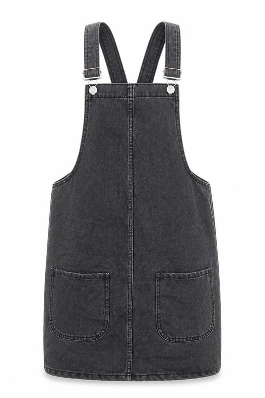 Front view of Denim & Co. women’s black cotton pinafore/dungaree dress, size UK 6, square neck button