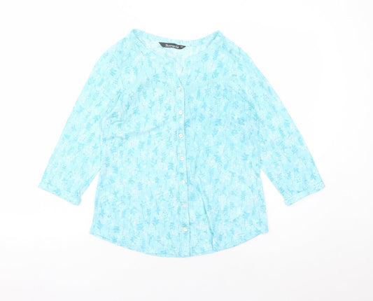 Bonmarché Womens Blue Floral Polyester Basic Button-Up Size 10 V-Neck