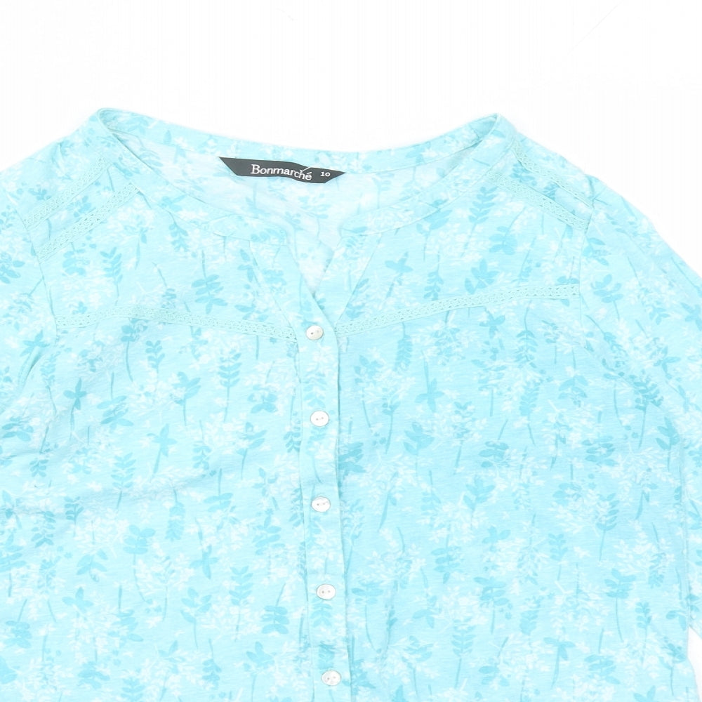 Bonmarché Womens Blue Floral Polyester Basic Button-Up Size 10 V-Neck