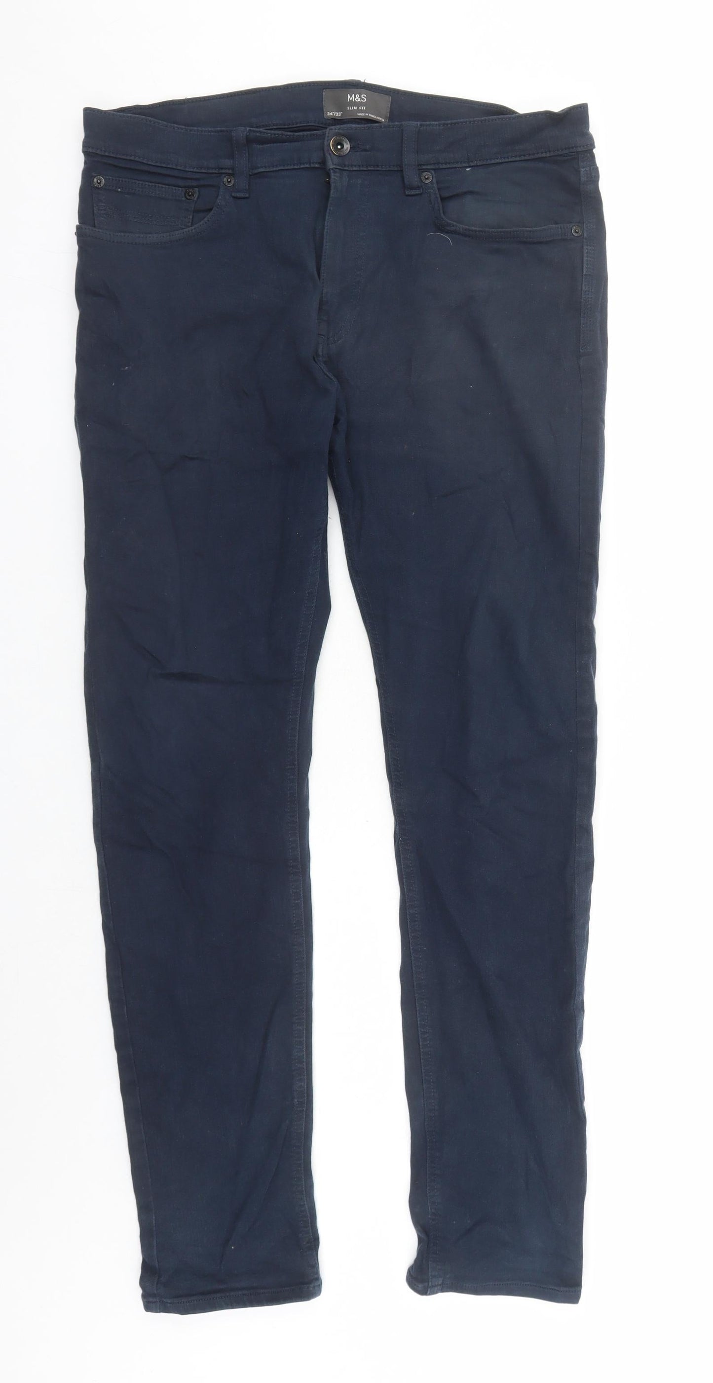 Marks and Spencer Mens Blue Cotton Straight Jeans Size 34 in L30 in Slim Zip