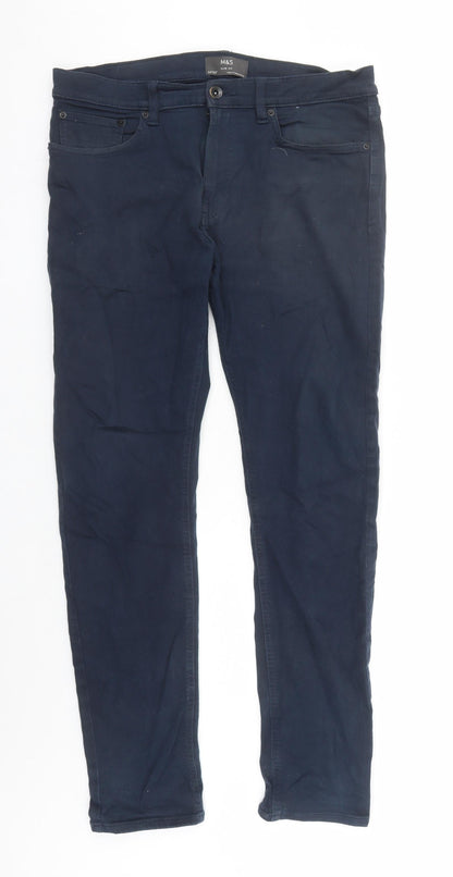 Marks and Spencer Mens Blue Cotton Straight Jeans Size 34 in L30 in Slim Zip
