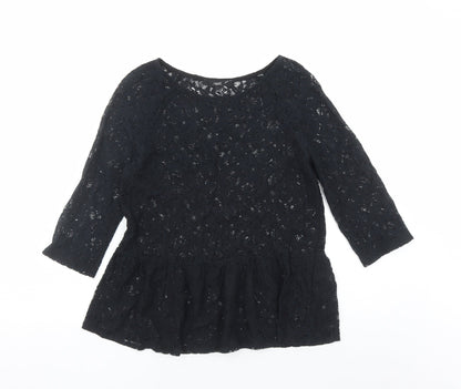 NEXT Womens Black Floral Cotton Basic Blouse Size 10 Round Neck