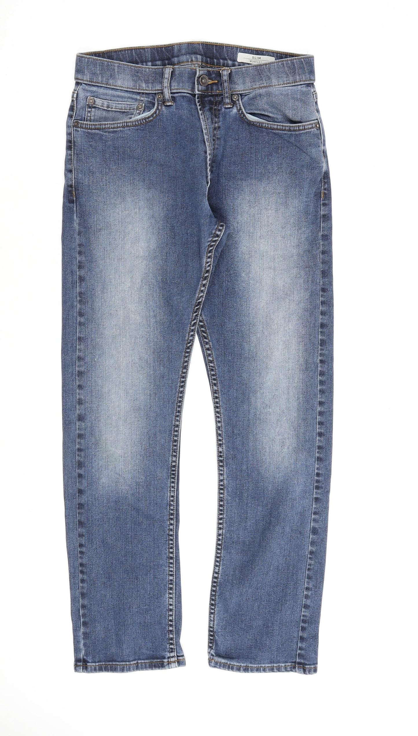 Marks and Spencer Mens Blue Cotton Straight Jeans Size 30 in L31 in Slim Zip