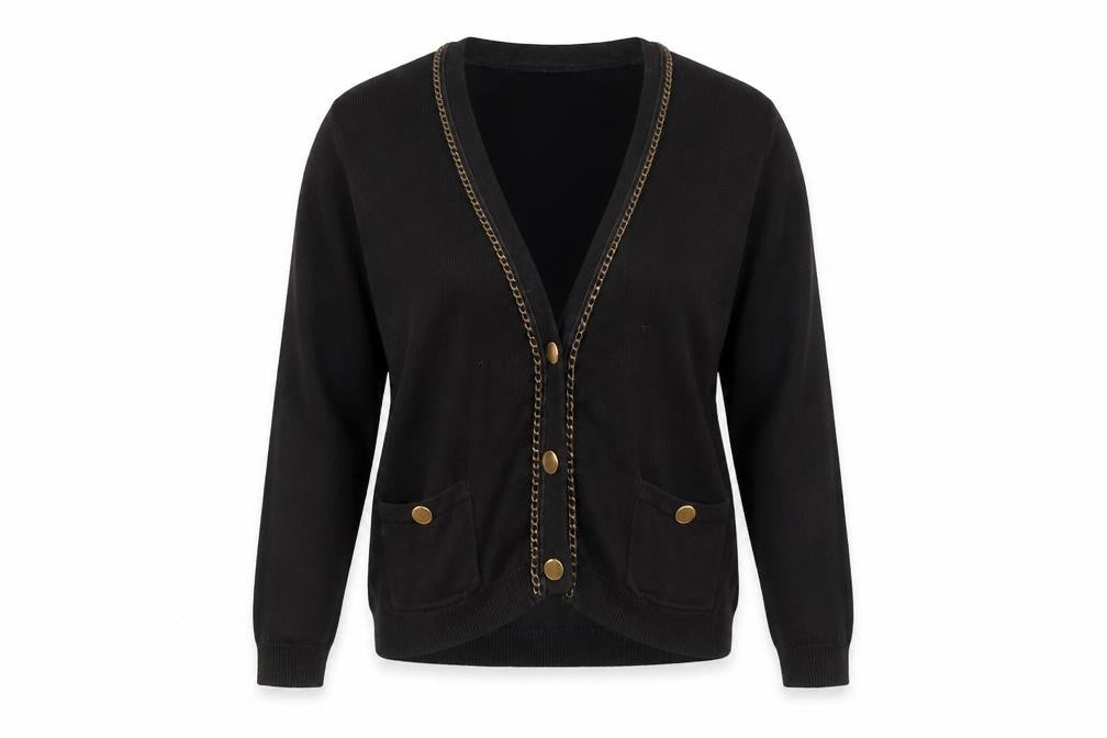 Front view of Wallis women’s black v-neck viscose cardigan jumper, size UK 10