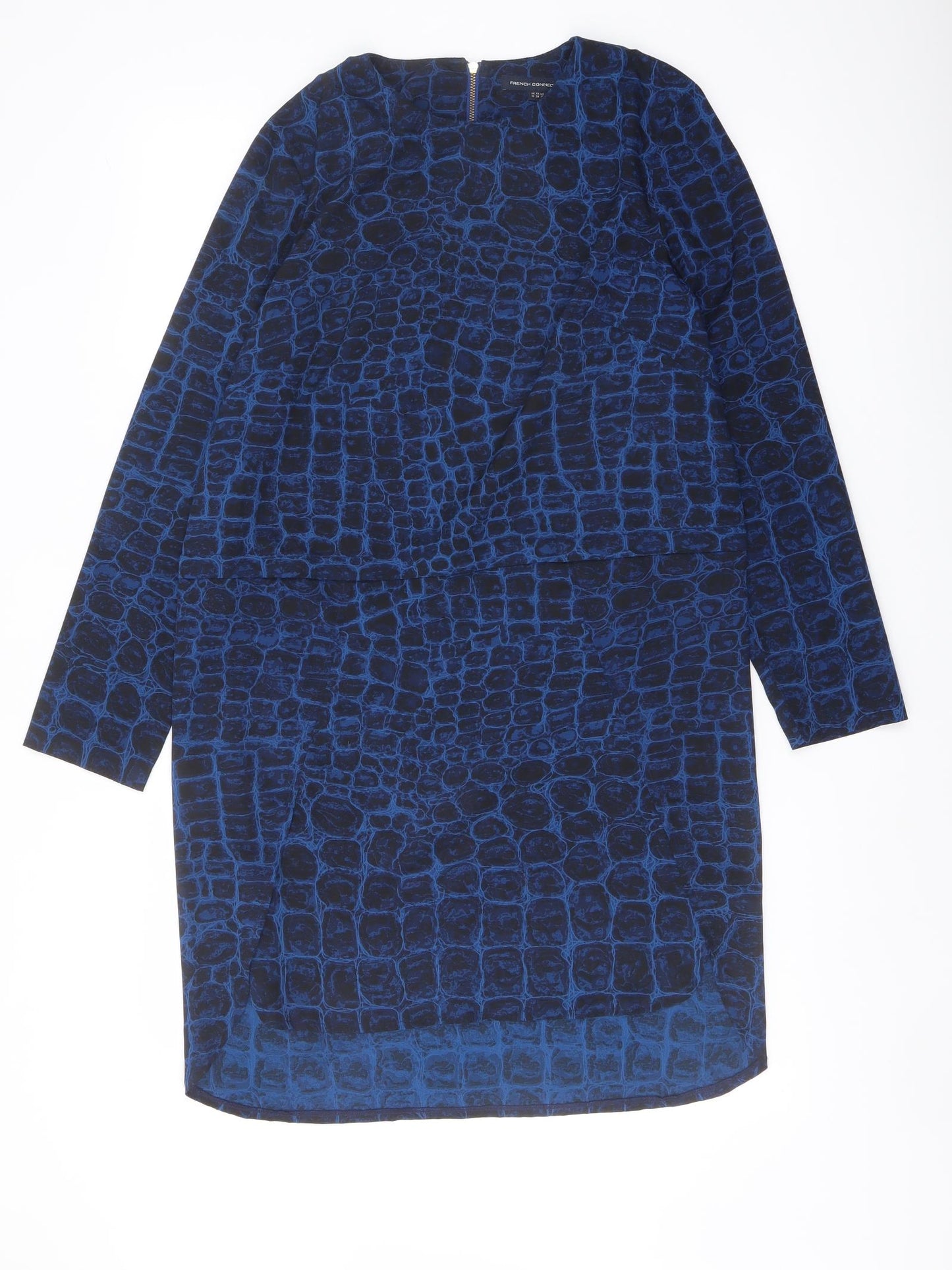French Connection Womens Blue Geometric Polyester Sheath Size 10 Crew Neck Zip