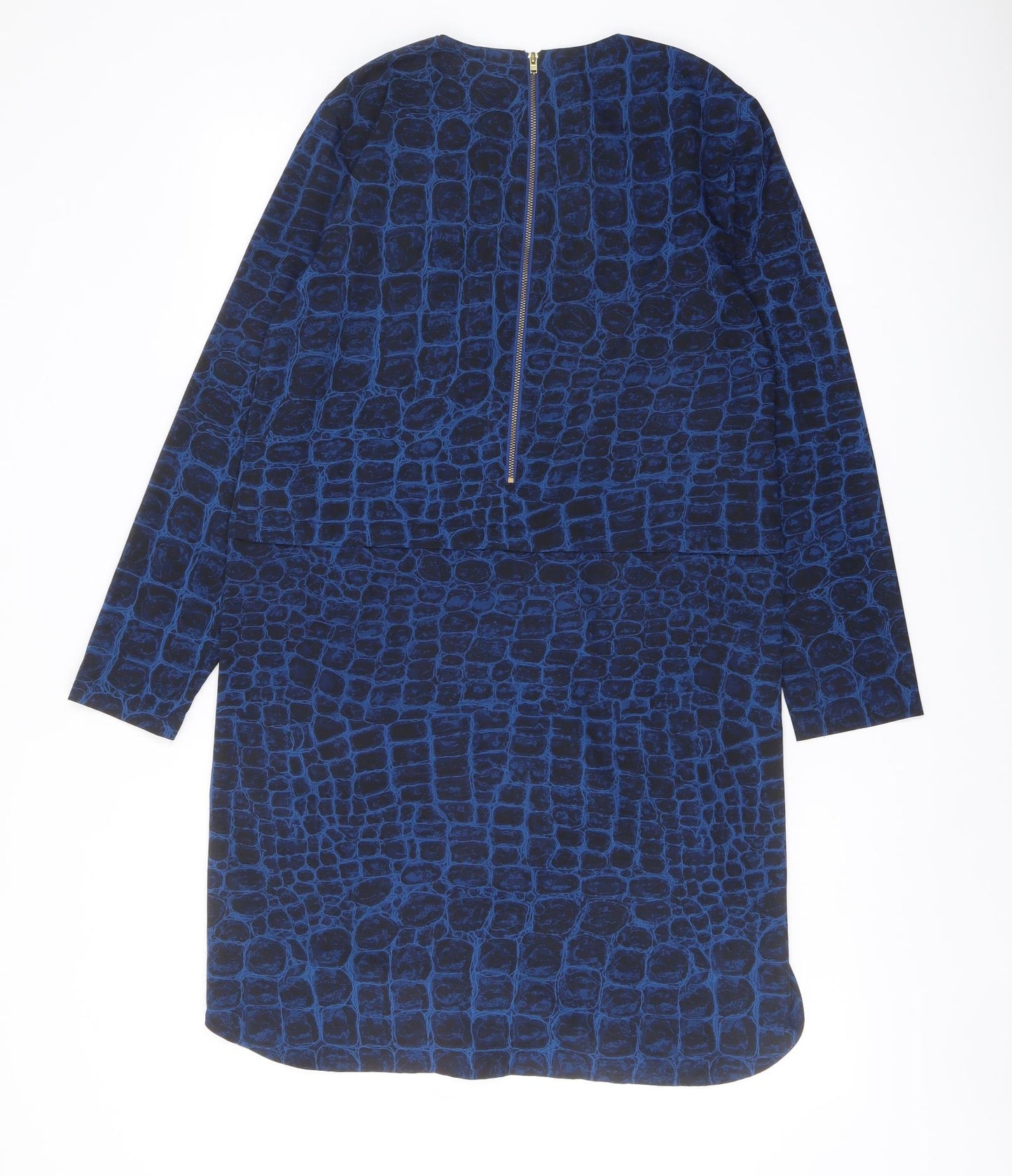 French Connection Womens Blue Geometric Polyester Sheath Size 10 Crew Neck Zip