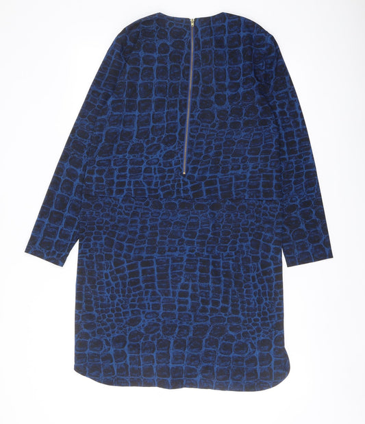 French Connection Womens Blue Geometric Polyester Sheath Size 10 Crew Neck Zip