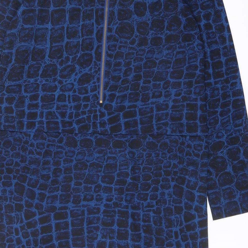 French Connection Womens Blue Geometric Polyester Sheath Size 10 Crew Neck Zip