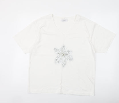 Editions Womens Ivory Polyester Basic T-Shirt Size M V-Neck