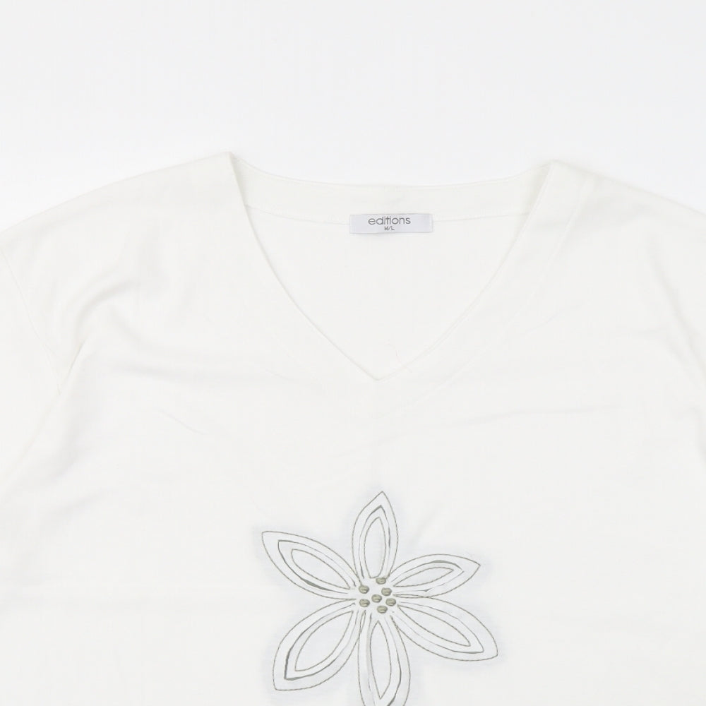 Editions Womens Ivory Polyester Basic T-Shirt Size M V-Neck