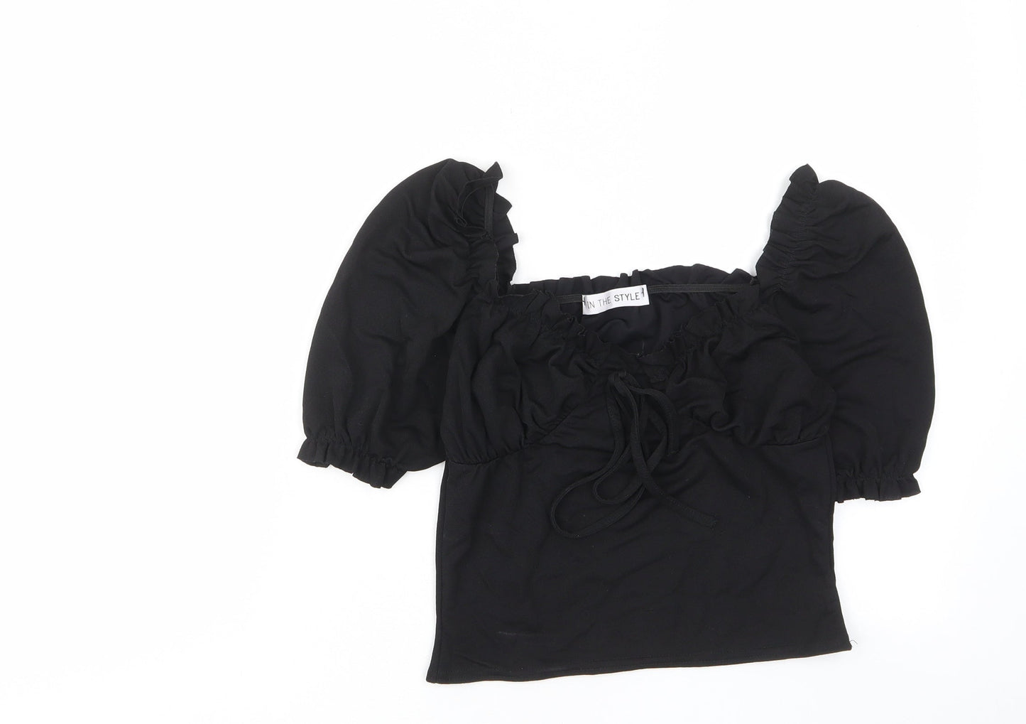 In the Style Womens Black Polyester Cropped T-Shirt Size 10 Square Neck - Ruched, Pleated