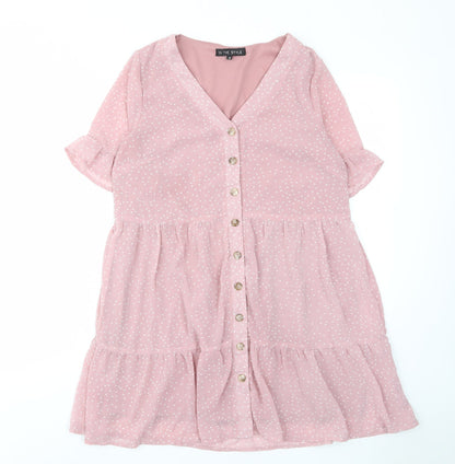 In the Style Womens Pink Polka Dot Polyester A-Line Size 10 V-Neck Button - Pleated, Lined