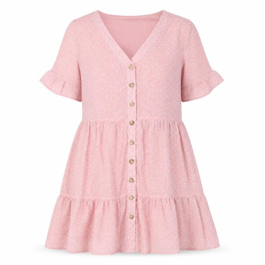 Front view of In the Style women’s pink polka dot polyester a-line, size UK 10, v-neck button - pleated, lined