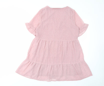 In the Style Womens Pink Polka Dot Polyester A-Line Size 10 V-Neck Button - Pleated, Lined