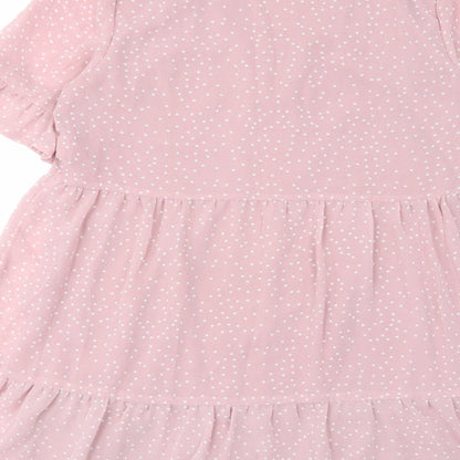 In the Style Womens Pink Polka Dot Polyester A-Line Size 10 V-Neck Button - Pleated, Lined