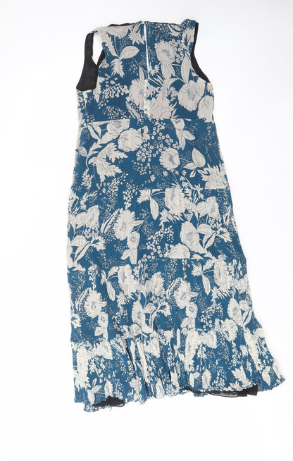 Zara Womens Blue Geometric Cotton A-Line Size M V-Neck Zip - Pleated, Lined