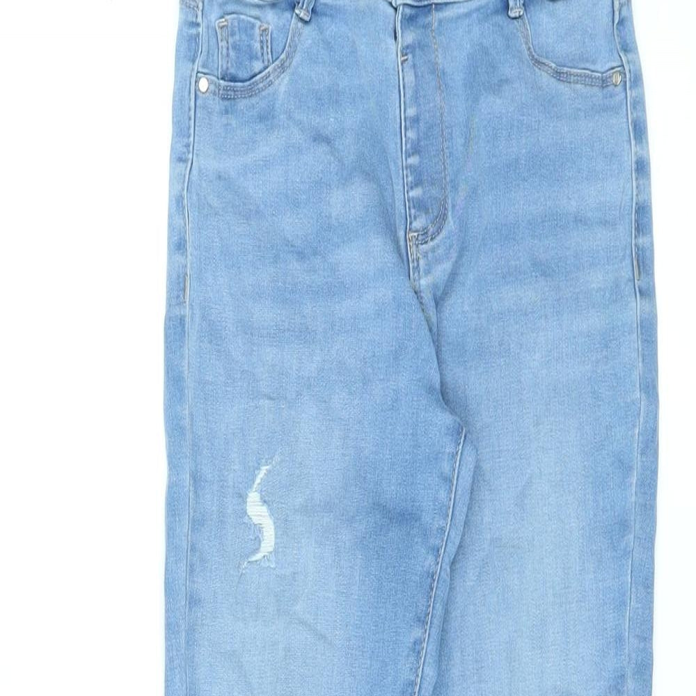 River Island Girls Blue Cotton Skinny Jeans Size 9 Years L23 in Regular Pullover - Distressed, Raw Hem