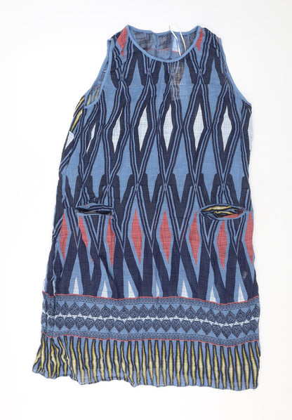 Elegant Womens Blue Geometric Viscose Tank Dress Size 12 Round Neck Pullover - Pockets
