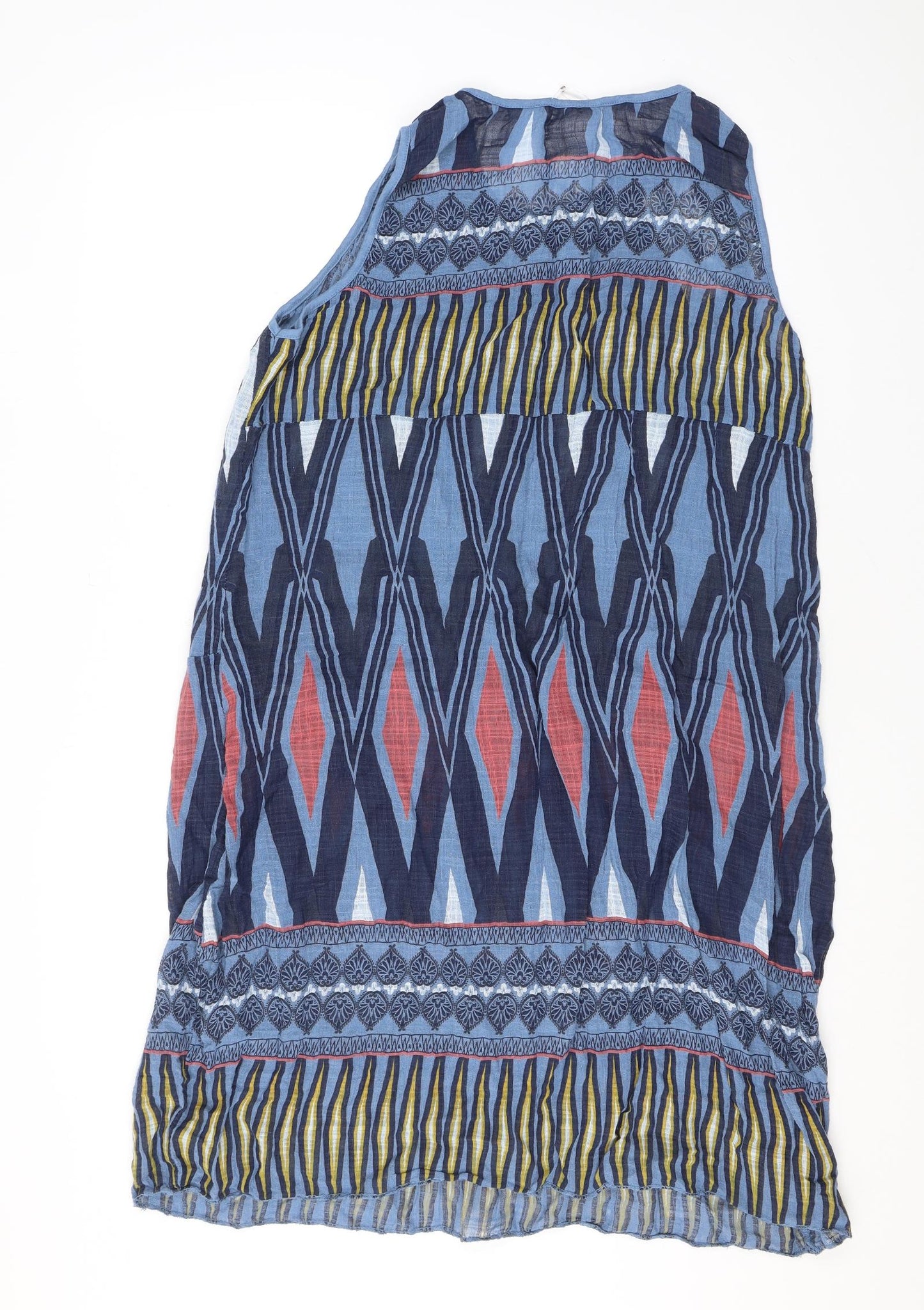 Elegant Womens Blue Geometric Viscose Tank Dress Size 12 Round Neck Pullover - Pockets