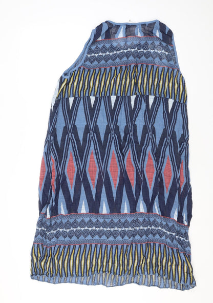 Elegant Womens Blue Geometric Viscose Tank Dress Size 12 Round Neck Pullover - Pockets
