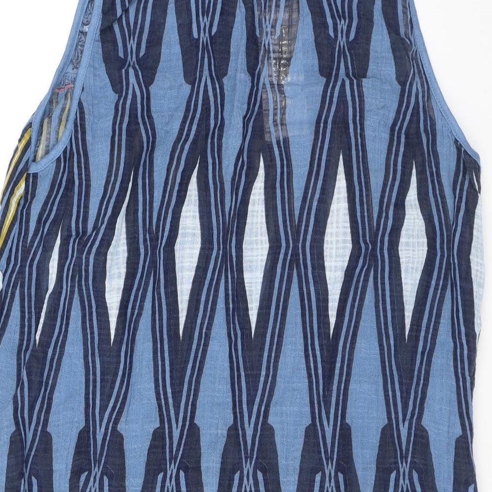 Elegant Womens Blue Geometric Viscose Tank Dress Size 12 Round Neck Pullover - Pockets