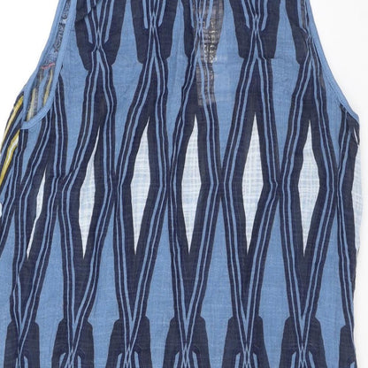 Elegant Womens Blue Geometric Viscose Tank Dress Size 12 Round Neck Pullover - Pockets