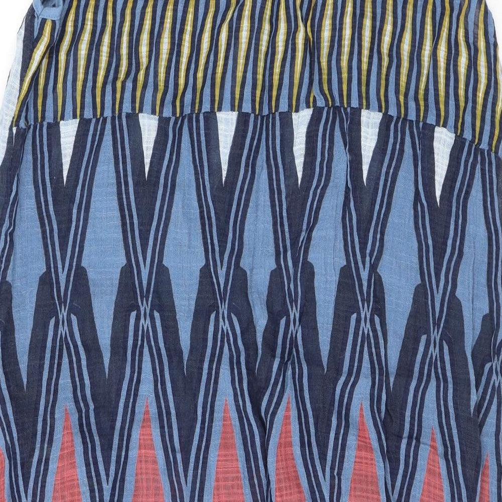 Elegant Womens Blue Geometric Viscose Tank Dress Size 12 Round Neck Pullover - Pockets
