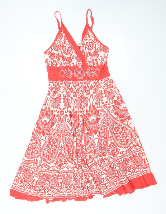 Pistachio Womens Red Geometric Cotton Tank Dress Size S V-Neck Pullover - Embroidered