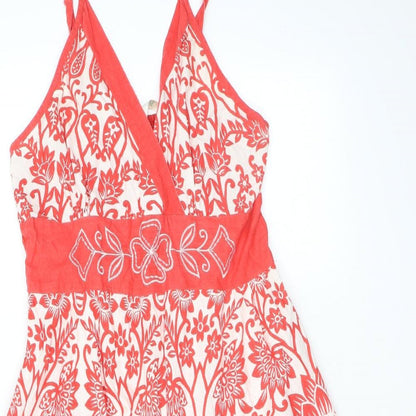 Pistachio Womens Red Geometric Cotton Tank Dress Size S V-Neck Pullover - Embroidered