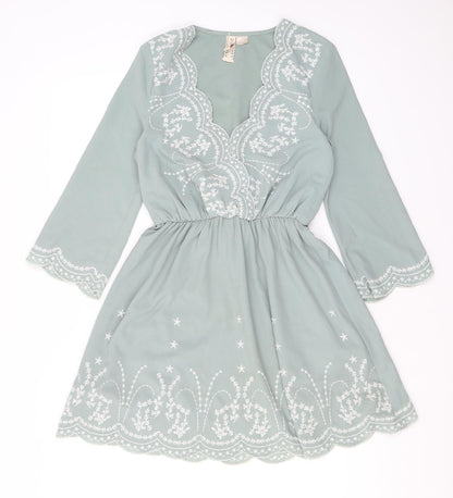 Divided by H&M Womens Green Geometric Polyester A-Line Size 4 V-Neck Pullover - Embroidered