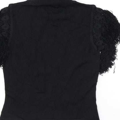 Kiss Womens Black Polyester Basic T-Shirt Size M Mock Neck - Tassles