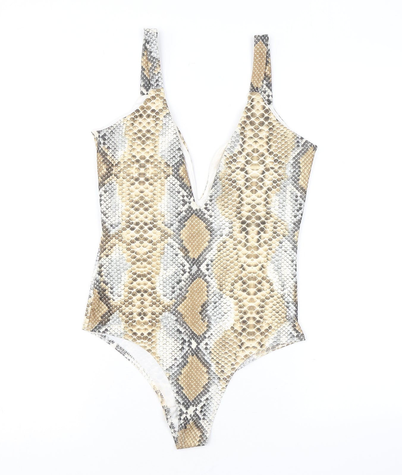 PRETTYLITTLETHING Womens Brown Animal Print Polyester Bodysuit One-Piece Size 8 L10 in Snap - Snake Skin Print