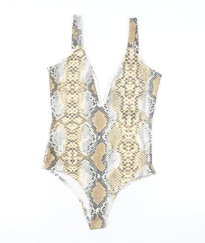 PRETTYLITTLETHING Womens Brown Animal Print Polyester Bodysuit One-Piece Size 8 L10 in Snap - Snake Skin Print
