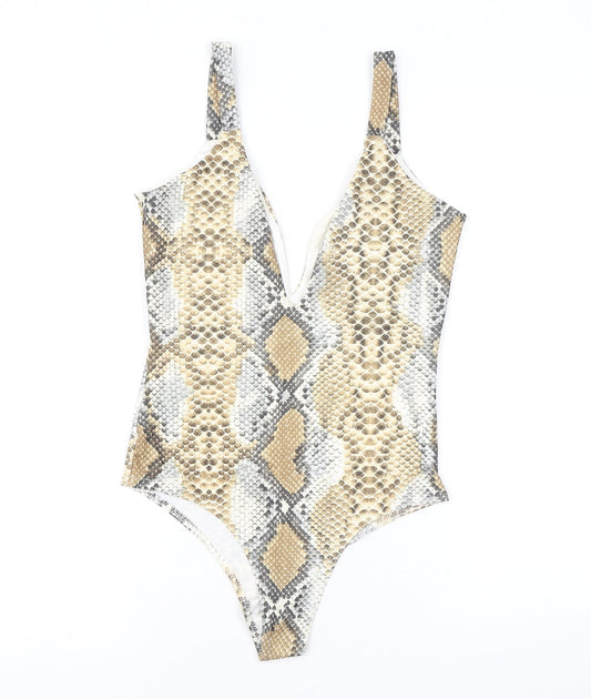 PRETTYLITTLETHING Womens Brown Animal Print Polyester Bodysuit One-Piece Size 8 L10 in Snap - Snake Skin Print