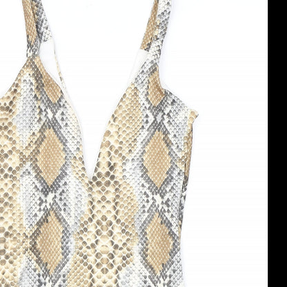 PRETTYLITTLETHING Womens Brown Animal Print Polyester Bodysuit One-Piece Size 8 L10 in Snap - Snake Skin Print