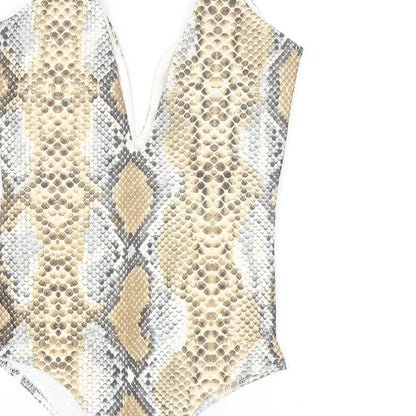 PRETTYLITTLETHING Womens Brown Animal Print Polyester Bodysuit One-Piece Size 8 L10 in Snap - Snake Skin Print