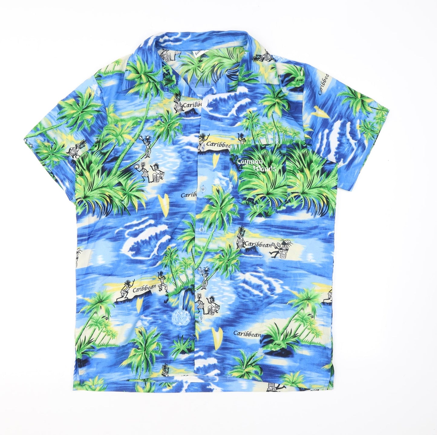 Lotus Mens Blue Geometric Polyester Button-Up Size M Collared Button - Hawaiian shirt, Caribbean, Cayman Islands