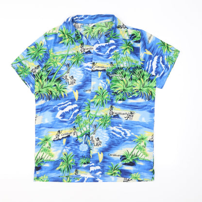 Lotus Mens Blue Geometric Polyester Button-Up Size M Collared Button - Hawaiian shirt, Caribbean, Cayman Islands
