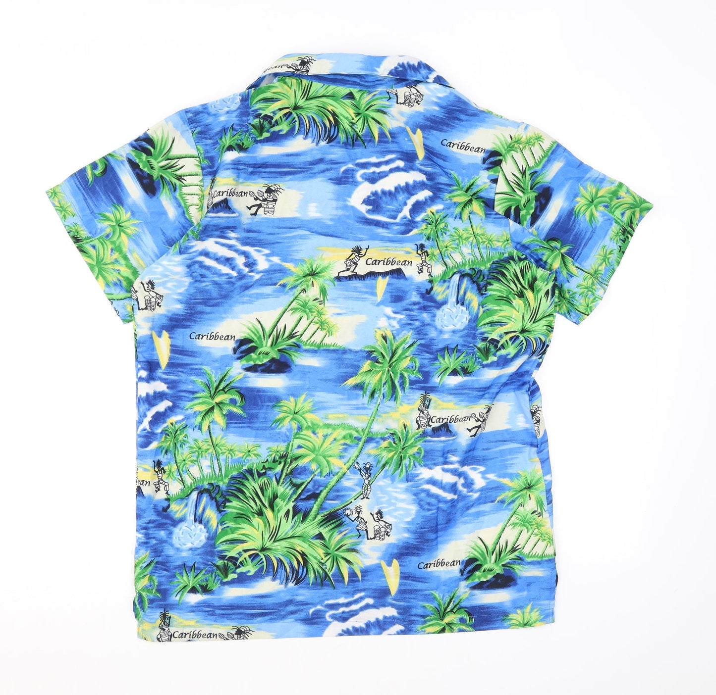 Lotus Mens Blue Geometric Polyester Button-Up Size M Collared Button - Hawaiian shirt, Caribbean, Cayman Islands
