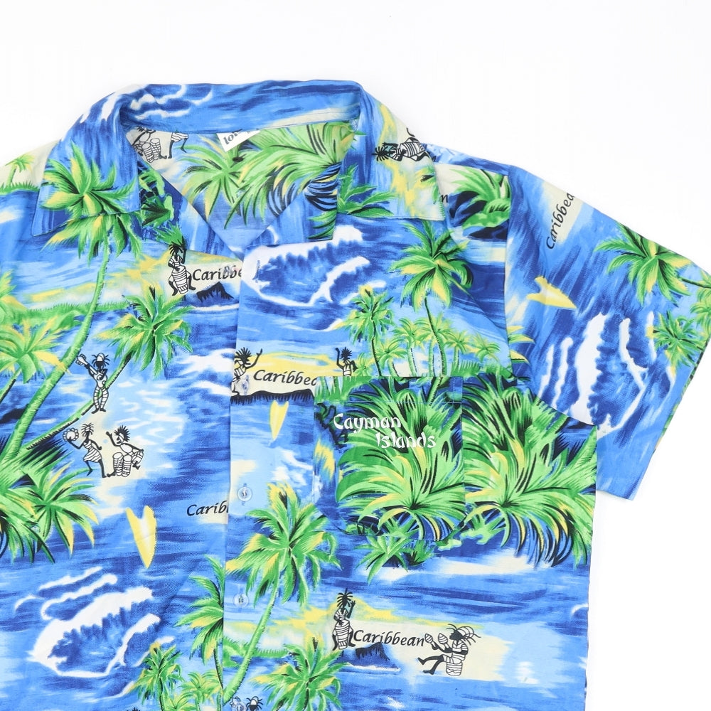 Lotus Mens Blue Geometric Polyester Button-Up Size M Collared Button - Hawaiian shirt, Caribbean, Cayman Islands