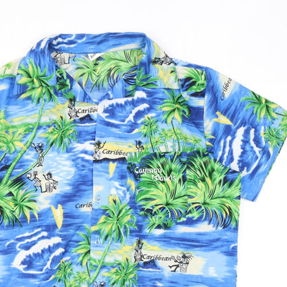 Lotus Mens Blue Geometric Polyester Button-Up Size M Collared Button - Hawaiian shirt, Caribbean, Cayman Islands