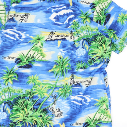 Lotus Mens Blue Geometric Polyester Button-Up Size M Collared Button - Hawaiian shirt, Caribbean, Cayman Islands