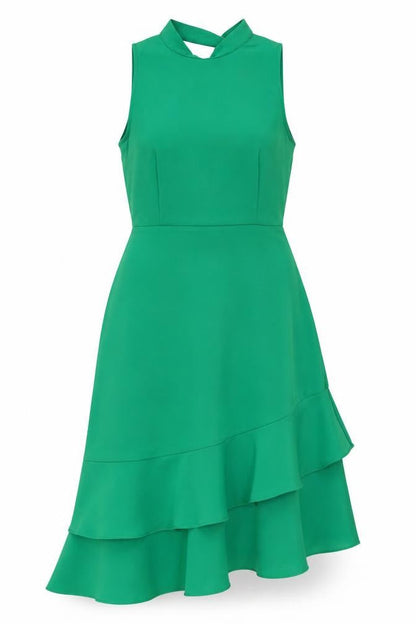 Warehouse Womens Green Polyester A-Line Size 8 Mock Neck Zip - Ruffles, Open Back