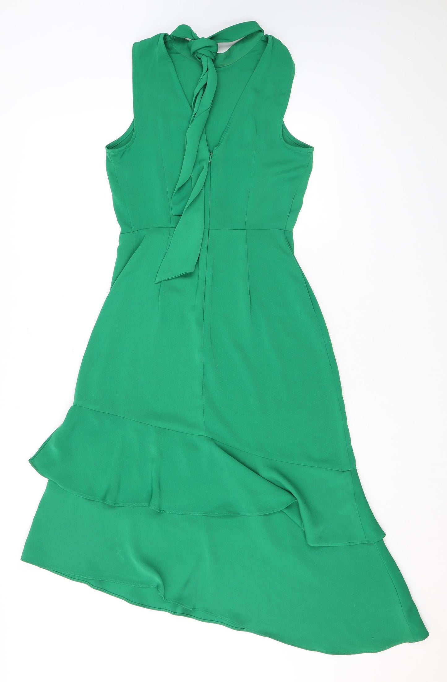 Warehouse Womens Green Polyester A-Line Size 8 Mock Neck Zip - Ruffles, Open Back
